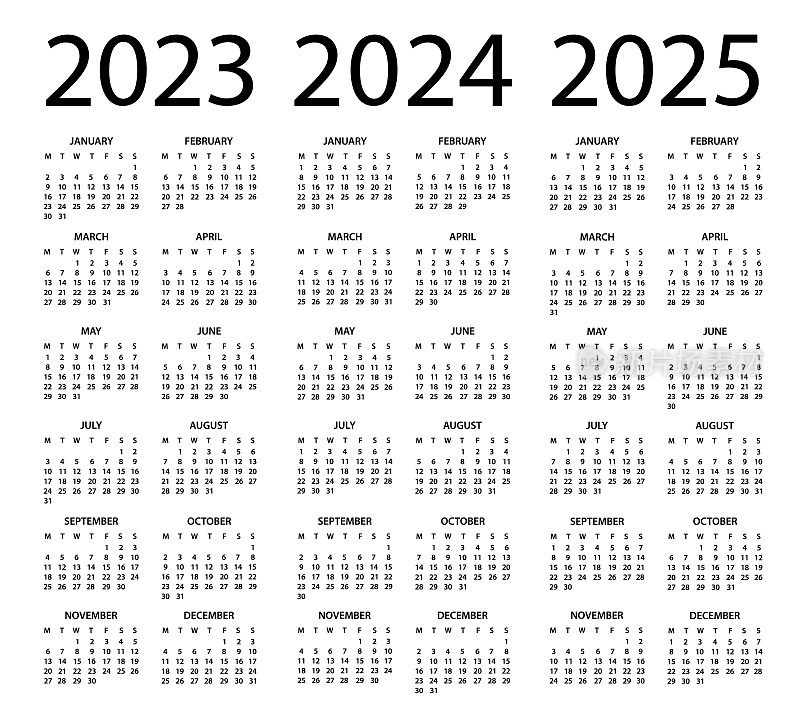 日历2023 2024 2025 -矢量插图。一周从周一开始